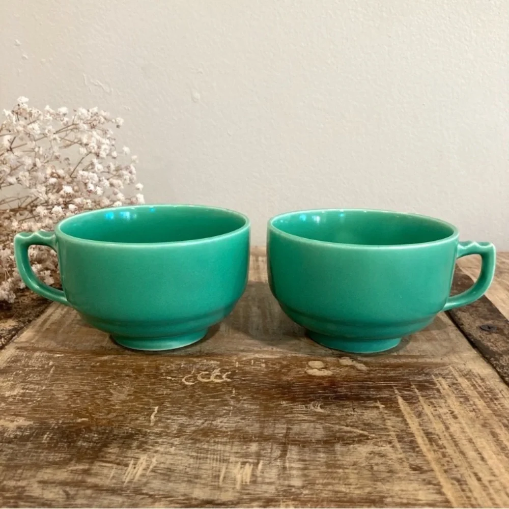 2 Homer Laughlin Riviera Light Green Art Deco Tea Cups Vintage